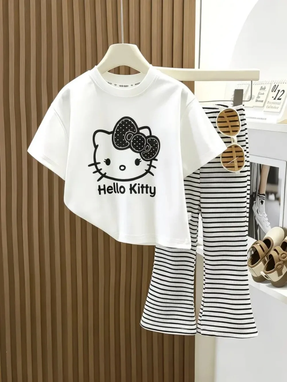 NWOT, Hello Kitty Kids Pajama Set - White Top & Black Striped Pants